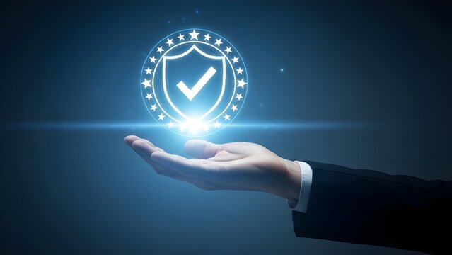 A glowing shield with a checkmark is cradled in a suited hand symbolizing protection and security in a digital context