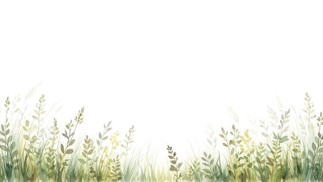 Watercolor illustration of wild green grass and herbs growing from the bottom on a white background, creating a gentle natural border design