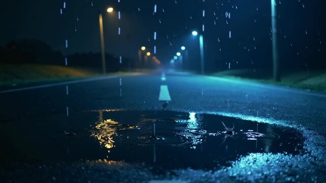 Driving on wet empty road at night with rain falling in urban environment