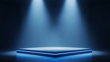 Square white stage podium with blue neon lights and spotlights
