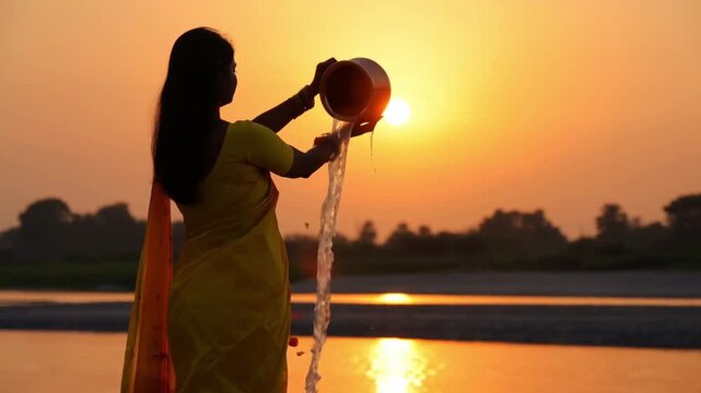 Silhouette of a woman in a yellow saree offering water and petals to the rising sun from a copper pot on a riverbank during makar sankranti concept of sun worship and spiritual gratitude