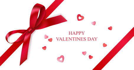 Valentines Day design template. Red bow on corner with heart confetti isolated on white. Vector stock illustration