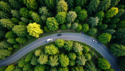 Aerial view of winding road with cars surrounded by dense green forest