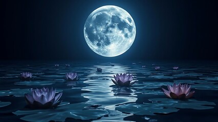 Serene Night Scene with Full Moon and Water Lilies.