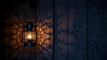 Glowing Lantern in Dark Wooden Corridor.