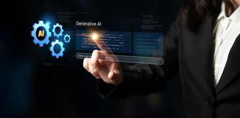 Obraz premium A futuristic concept of an enterprise Artificial Intelligence platform. This system uses machine learning for business automation, data analysis, and powering generative solutions. Fermion