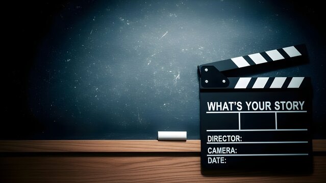 Close-up of a movie clapper board on a wooden table against a dark background with a spotlight shining down.