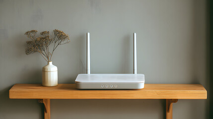 A white Wi-Fi router with two antennas on a wooden shelf