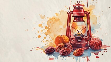 Vintage Lantern with Coffee Beans Illustration.