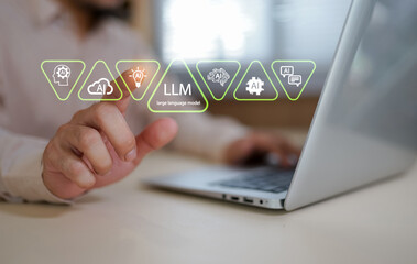 Futuristic concept of artificial intelligence and large language models (LLM) with glowing AI icons and human hand interface. Innovation in machine learning and digital transformation.