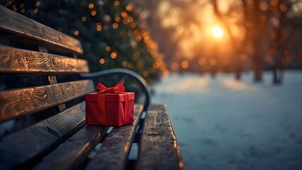 Gift box with red ribbon on bench in winter park at sunset. Holiday celebration atmosphere background with copy space