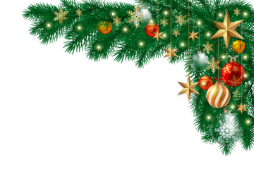 Elegant christmas border featuring evergreen branches, golden stars, and glittering baubles isolated on transparent background