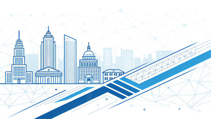 Stylized Blue Line Cityscape with Geometric Network Background