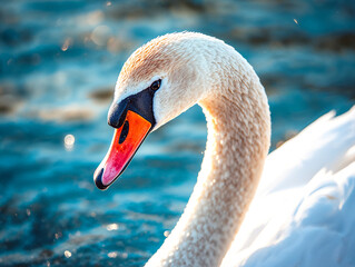 Sun-drenched close up of a graceful swan on a blue lake background. Portrait of white swan with golden backlight, orange beak, and shimmering water bokeh during sunset in the wild.