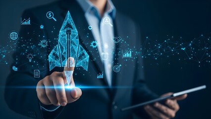 Businessman in a suit interacting with a futuristic digital interface on a tablet with a dark background and blue graphics.