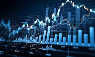 Abstract digital stock market trading chart with blue and orange lines showing upward trends and candlestick patterns on a dark background - Powered by Adobe