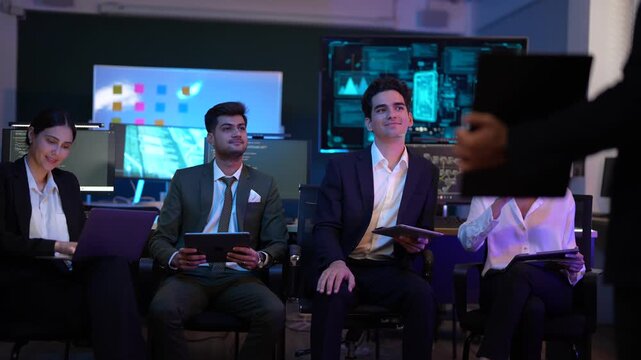 Global business finance and cybersecurity concept. Successful corporate team analyzing stock market trends and big data. Digital transformation strategy for future economic growth and financial invest