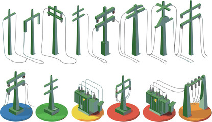 Isometric electrical infrastructure icons set, power poles pylons transformers, electricity transmission and distribution network, utility grid elements, vector illustration