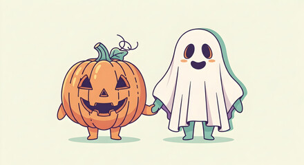 Cute Halloween Friends - Pumpkin and Ghost Holding Hands Illustration.