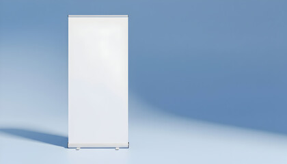 Clean White Roll-Up Banner Stand on Blue Background.