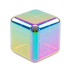 Iridescent Cube with Rounded Edges on White Background.