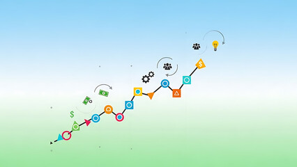 Illustrative Concept of Strategic Business Growth, Financial Development, and Innovation Leading to Success, Shown with an Upward Trendline and Diverse Progress Icons