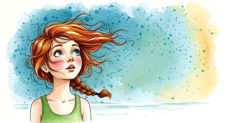 Whimsical Watercolor Portrait of a Young Woman with Braided Hair.