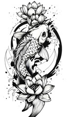 Elegant Koi Fish and Lotus Flower Tattoo Design in Black and White.