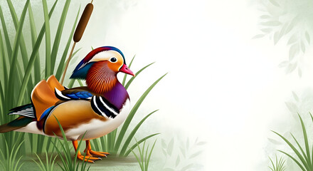 Vibrant Mandarin Duck Amidst Verdant Reeds - A Natures Canvas.