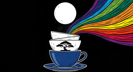Surreal Tea Cup Stack with Moon and Rainbow Illustration.