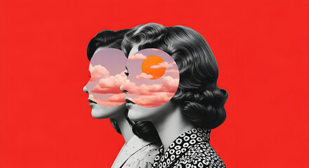 Surreal Portrait of Woman with Sky and Clouds in Place of Eyes.