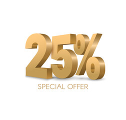 Gold 3D number 25 representing twenty five percent on a sleek poster template, ideal for sale promotions, discount offers, work progress displays, and marketing campaigns in vector format.