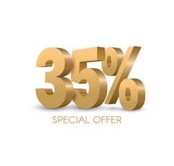 Gold 3D number 35 representing twenty five percent on a sleek poster template, ideal for sale promotions, discount offers, work progress displays, and marketing campaigns in vector format.