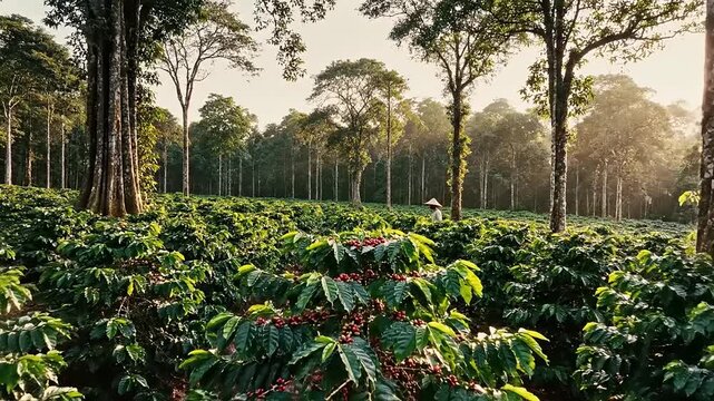 Rows of Red Coffee Beans on Bushes in a Forested Plantation