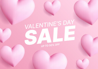 Valentine s Day Sale banner with cute 3D pink hearts and soft romantic design. Perfect for holiday shopping promotions, discounts, love-themed marketing, and seasonal advertising.