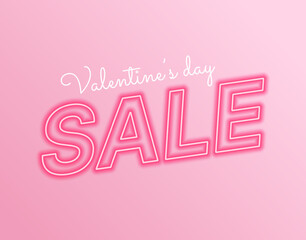Valentines Day sale special offer banner with glowing neon text on soft romantic background. Elegant 3D design for love-themed shopping, holiday promotions, and festive advertising. Vector