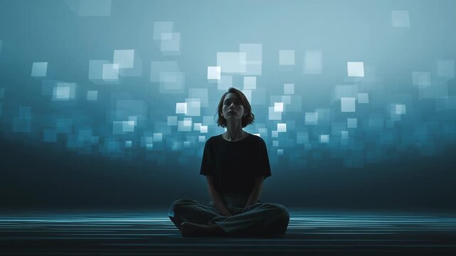 A woman is sitting on the floor with her eyes closed. a calm. Floating digital tiles for ai anxiety monitoring minimal clean composition soft gentle colors modern ui ai driven mental health tools