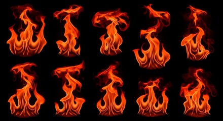 Twelve fiery forms blaze across a black canvas—each flame uniquely shaped in vivid orange and red.