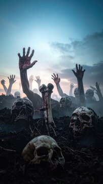 A horde of undead hands and skulls emerge from dark soil under a dramatic twilight sky.