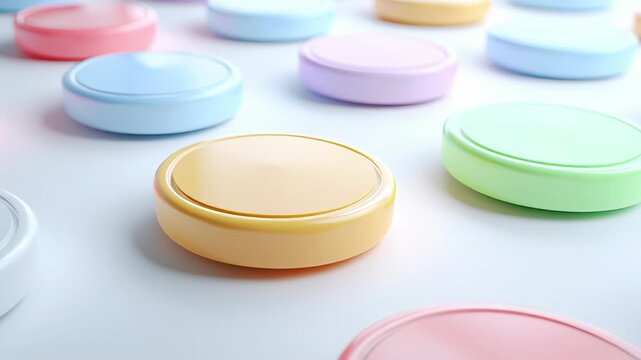 A collection of colorful pills are arranged in a circle. Floating minimalist ai calm coaching widgets white background soft modern ui simple elements ai driven mental health tools