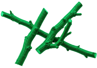 four interlocking, gnarled, leafless tree branches, vibrant emerald green, high-key macro studio shot emphasizing textural detail against a transparent backdrop. concept for graphic design assets