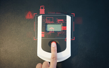 Businessman using AI-powered cybersecurity system for data protection, privacy control, and secure digital access on virtual interface with lock icons and shield technology.