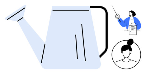 Large watering can symbolizing growth, paired with instructor holding a list and a profile portrait. Ideal for teaching, innovation, personal development, education, creativity, leadership, simple © robu_s