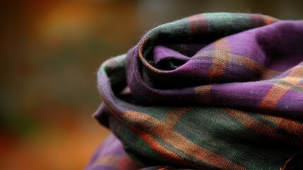 A close-up view of a plaid scarf with a mix of purple, green, and orange colors.