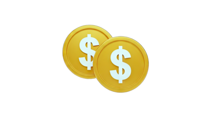 3D Two golden dollar coins with dollar signs on transparent background