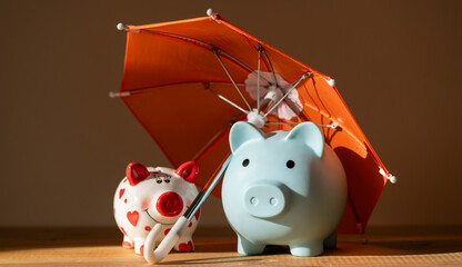 Two piggy banks under a miniature umbrella