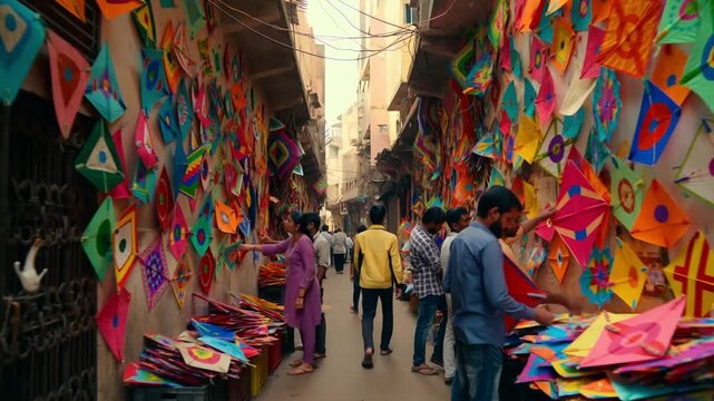 Vibrant street scene in a narrow ahmedabad lane with walls covered in hundreds of colorful geometric kites for sale during the uttarayan festival preparations concept of festive commerce 