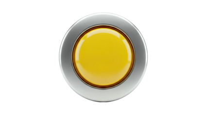 3D Yellow illuminated button with metallic frame on transparent background