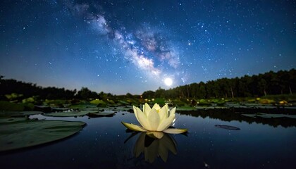 A glowing white water lily floats serenely under the magnificent arc of the Milky Way night sky.