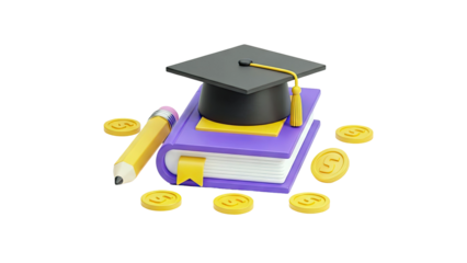 3D Graduation Cap and Book with Coins and Pencil on transparent background